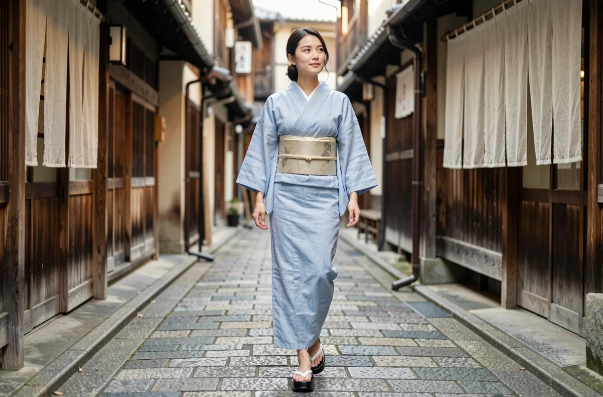 Femme japonaise en yukata portant des sandales geta laquées noires dans une ruelle traditionnelle japonaise