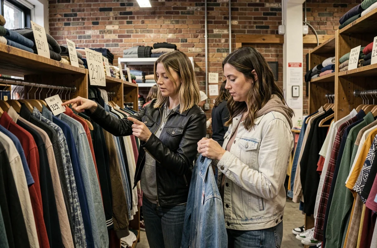 Deux femmes comparant des vêtements mal catégorisés dans une friperie urbaine, conseils pour acheteurs avisés