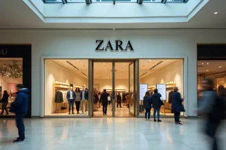 Devanture d'un magasin Zara dans un centre commercial européen avec des rayons partiellement vides visibles derrière la vitrine et des clients lisant un avis affiché sur la porte