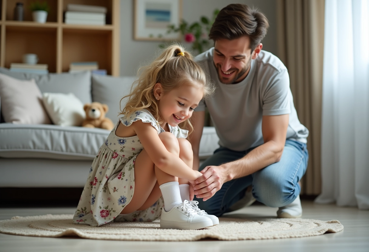 Fille souriante essayant des baskets avec son père à la maison