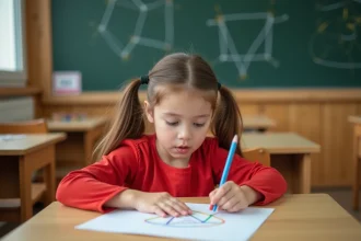 Fillette dessinant une forme trapèze sur du papier blanc dans une salle de classe, entourée de crayons de couleur