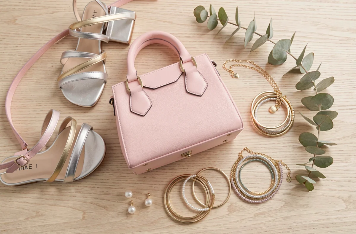 Flat lay éditorial associant un charm handbag rose pastel avec sandales métalliques, colliers dorés et bracelets assortis sur bois clair