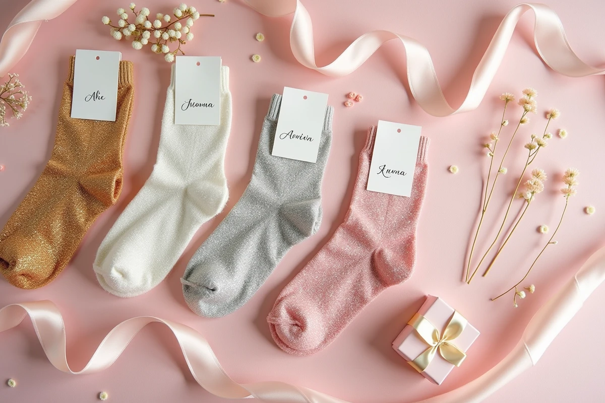Flat lay de chaussettes pailletées personnalisées en plusieurs couleurs avec étiquettes prénom sur fond lin rose pâle