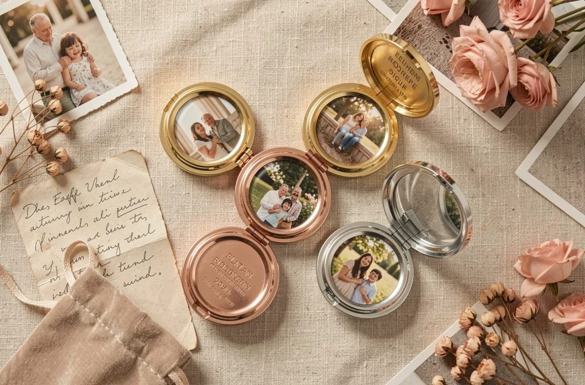 Flat lay de bijoux médaillons personnalisés avec projection photo en or et argent sur lin beige, ambiance cadeau souvenir