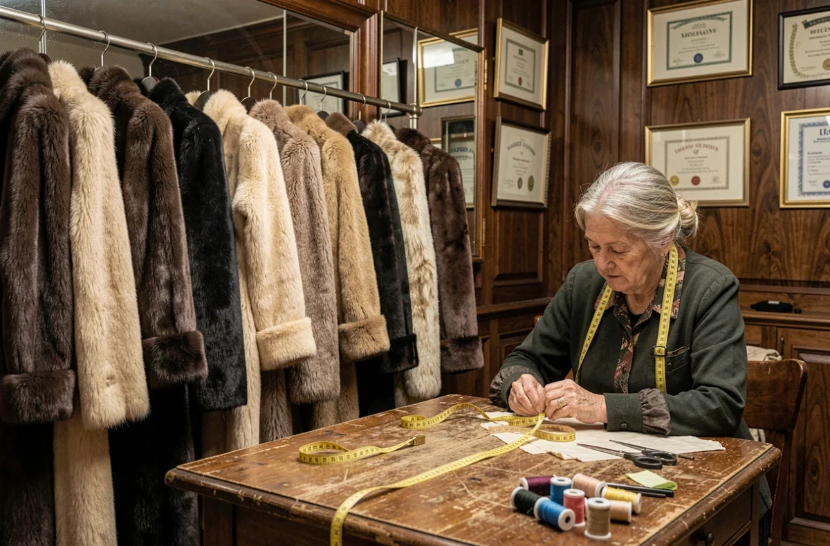 Atelier de fourrure dans le Nord avec manteaux en fourrure exposés et tailleuse travaillant sur des retouches