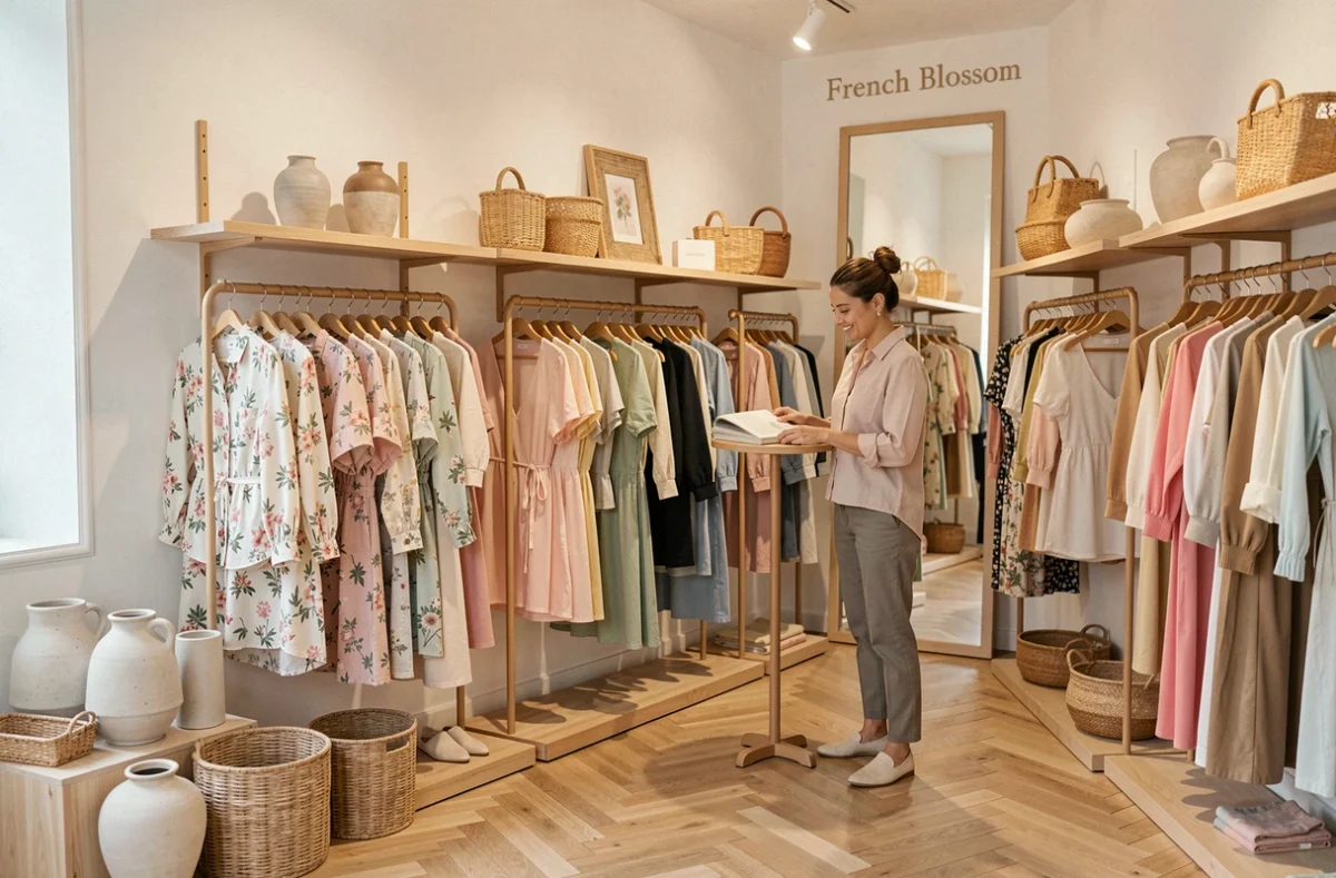 Intérieur de French Blossom, concept store de mode et décoration à Rennes, avec des robes florales sur des portants et des objets déco en céramique sur fond de murs blancs et parquet en chevron