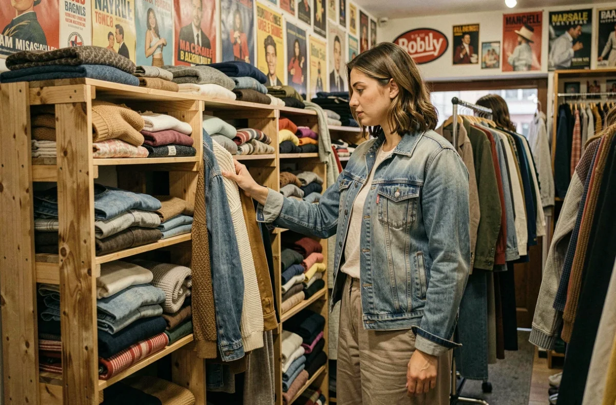 Jeune femme parcourant les portants de vêtements vintage de la friperie Bobby à Marseille, entre posters rétro et étagères en bois