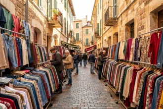Rue animée de Marseille avec des portants de vêtements vintage colorés devant des façades en pierre, évoquant l'univers des friperies marseillaises