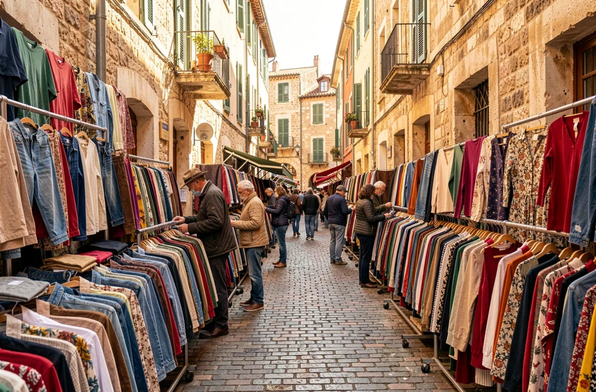 Rue animée de Marseille avec des portants de vêtements vintage colorés devant des façades en pierre, évoquant l'univers des friperies marseillaises