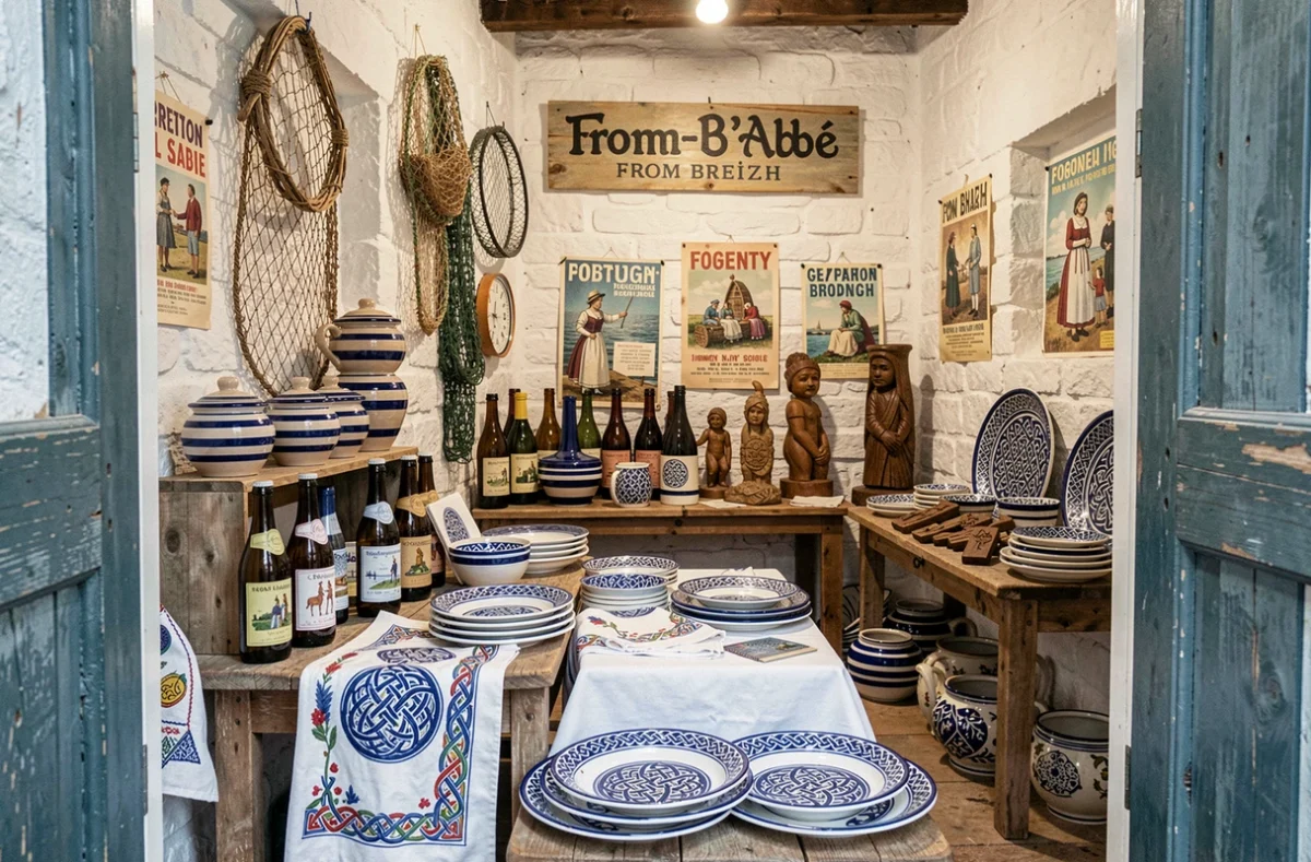 Boutique From Breizh à Pont-l'Abbé proposant de l'artisanat breton traditionnel avec de la poterie rayée, des broderies Bigouden et de la faïence à motifs celtiques dans un intérieur aux murs en pierre blanchie
