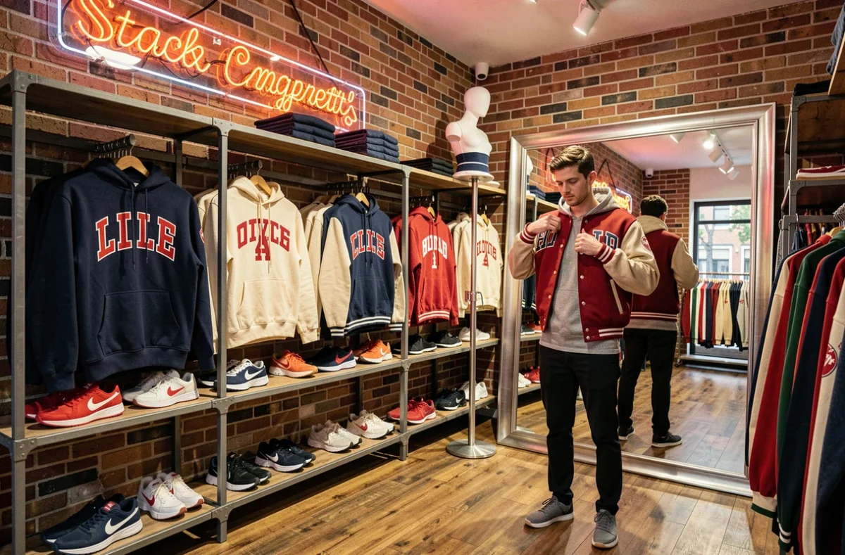 Boutique de sportswear américain à Lille avec vestes varsity et sneakers sur présentoirs industriels