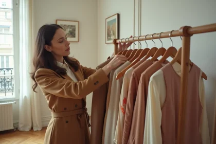 Femme arrangeant une garde-robe capsule vintage sur un portant en bois dans un appartement parisien
