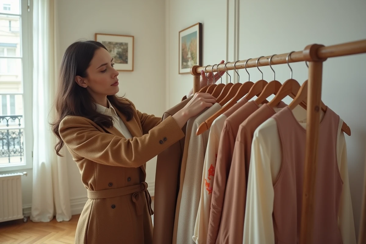 Femme arrangeant une garde-robe capsule vintage sur un portant en bois dans un appartement parisien