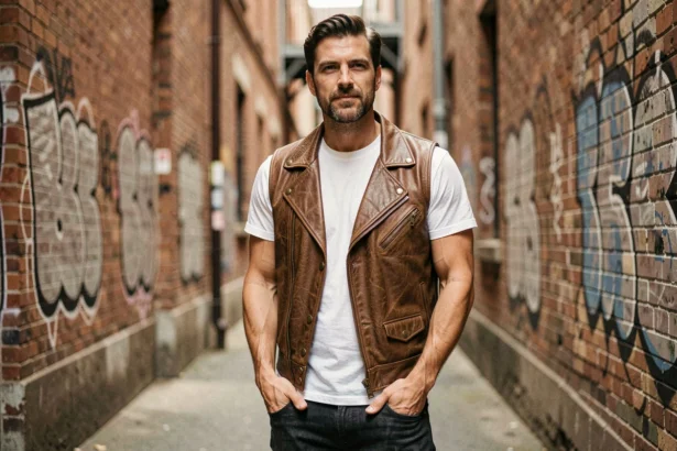 Homme portant un gilet cuir biker vintage marron dans une ruelle urbaine aux murs en briques apparentes