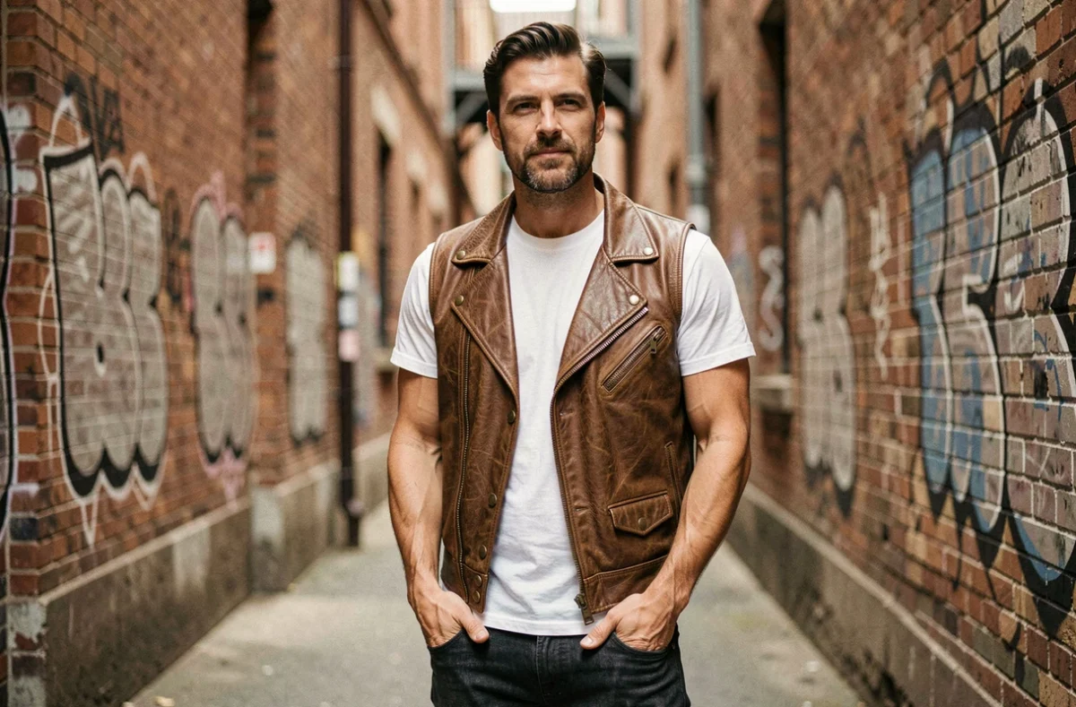 Homme portant un gilet cuir biker vintage marron dans une ruelle urbaine aux murs en briques apparentes