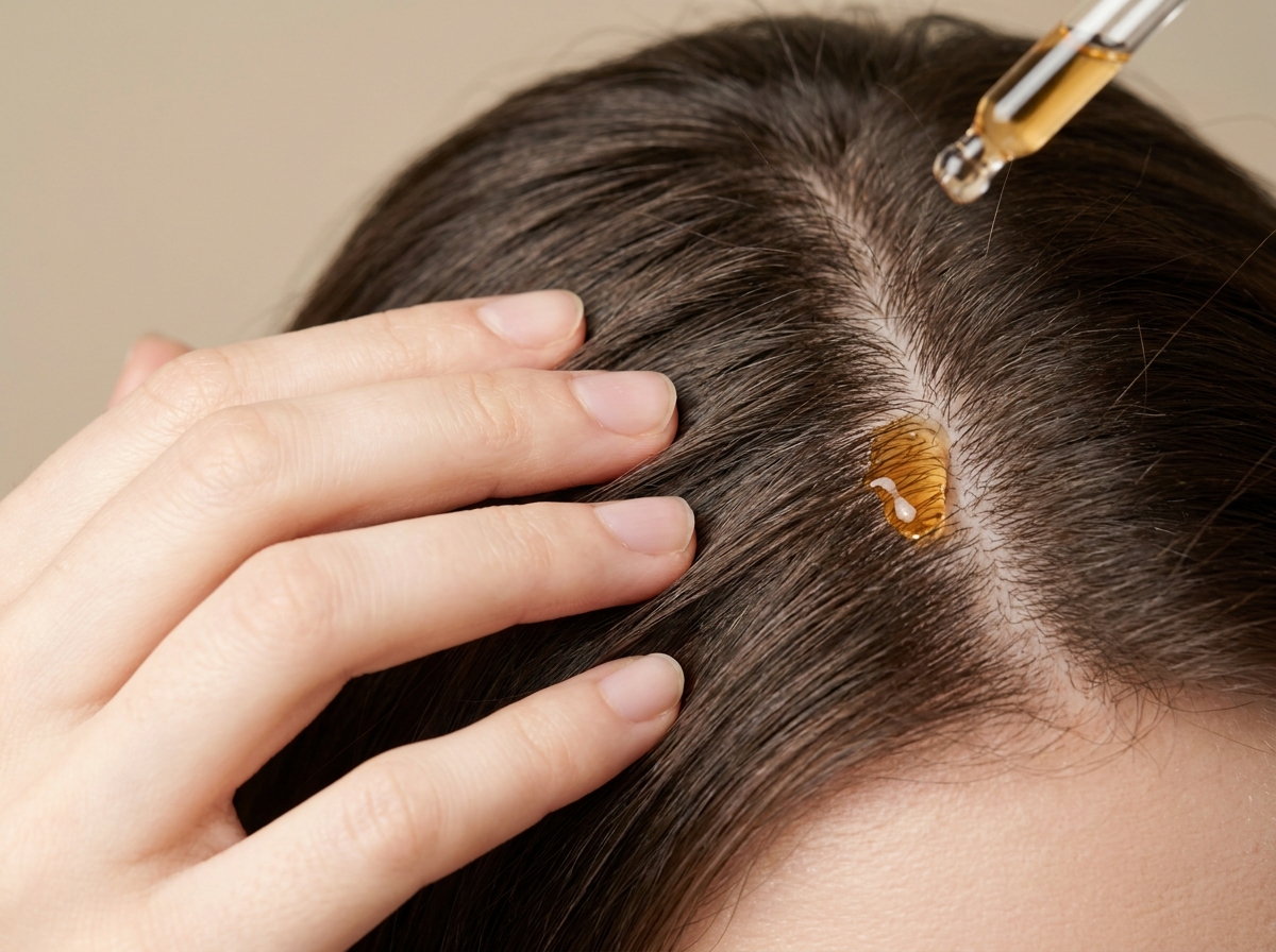 Gros plan sur une goutte de sérum anti-chute dorée appliquée sur le cuir chevelu d'une femme aux cheveux fins