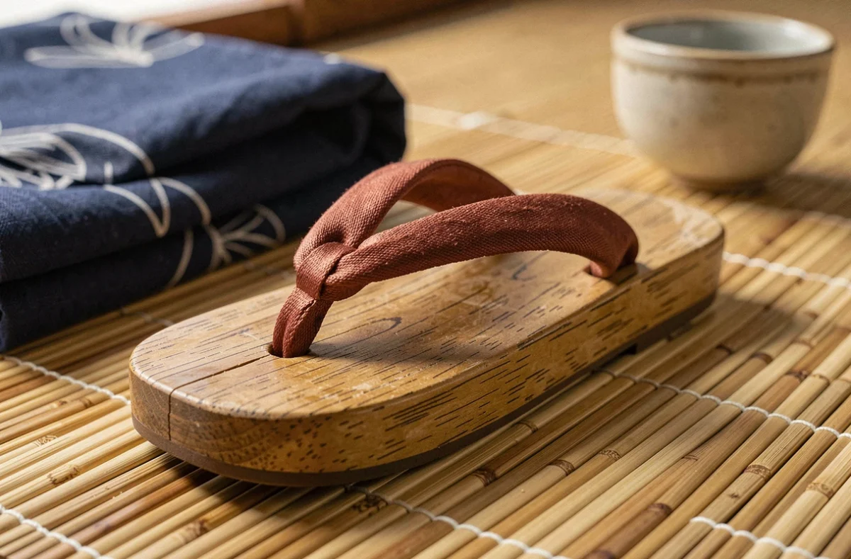 Gros plan d'une sandale geta artisanale en bois de paulownia sur natte de bambou avec détails de la lanière en soie rouge