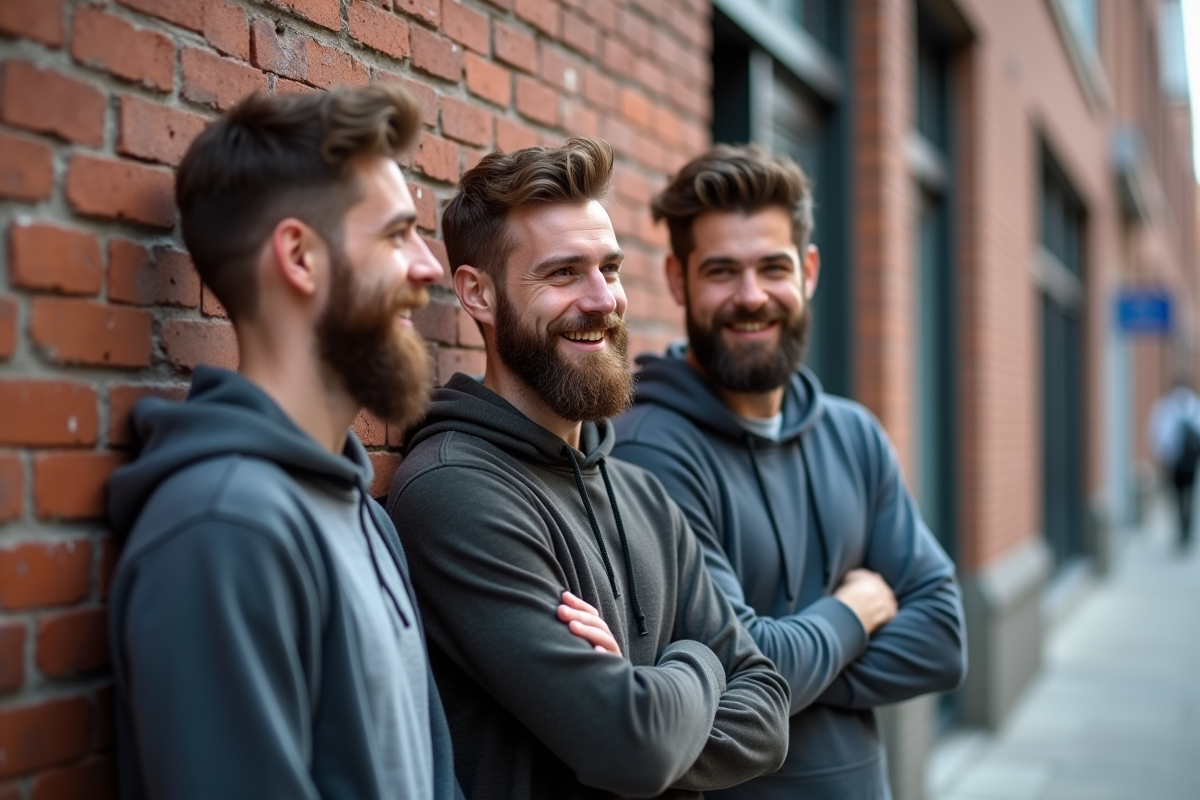 Trois hommes souriants discutant dans la rue avec barbes naissantes