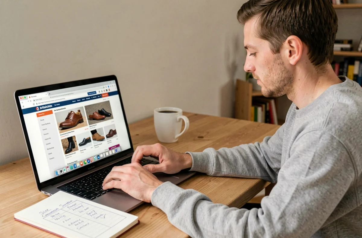 Homme comparant les tailles de chaussures UK et françaises sur un site anglais depuis son bureau