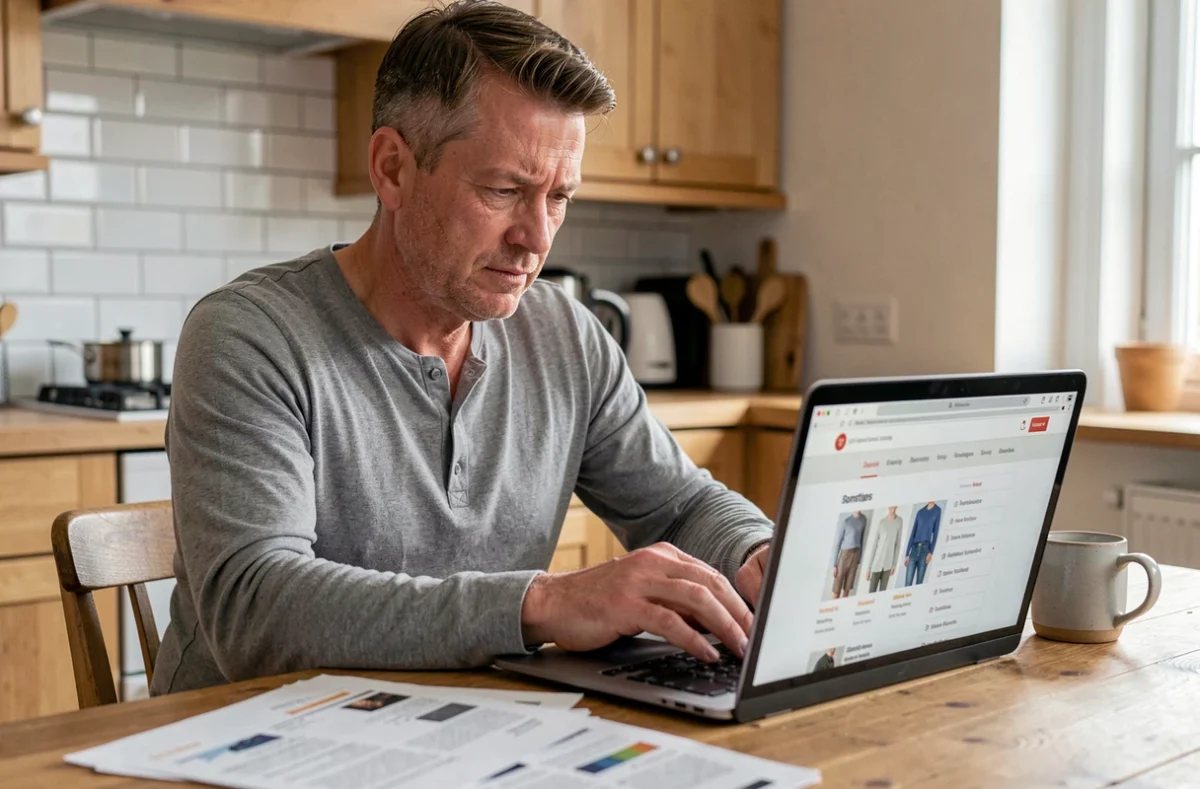 Homme consultant des vêtements en ligne avec une expression perplexe face aux catégories mal définies