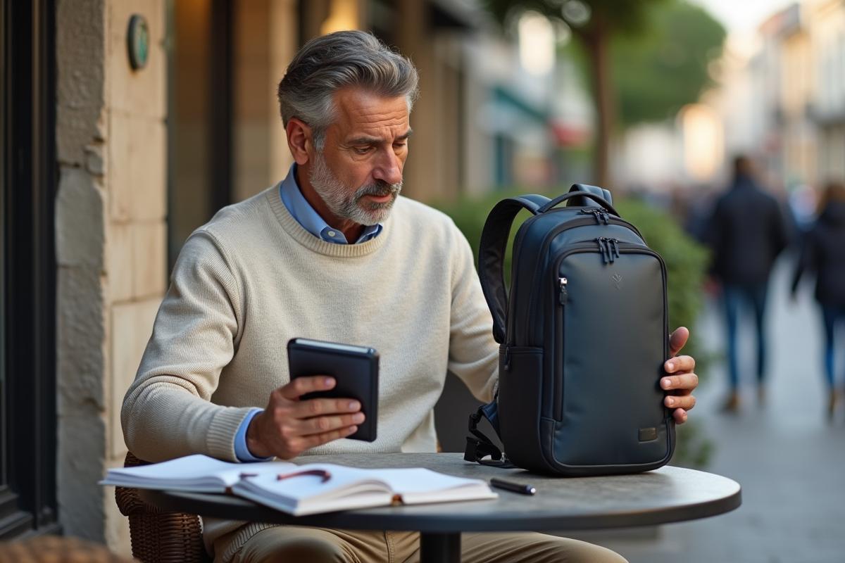 Homme compare un sac à dos avec un carnet sur une terrasse urbaine