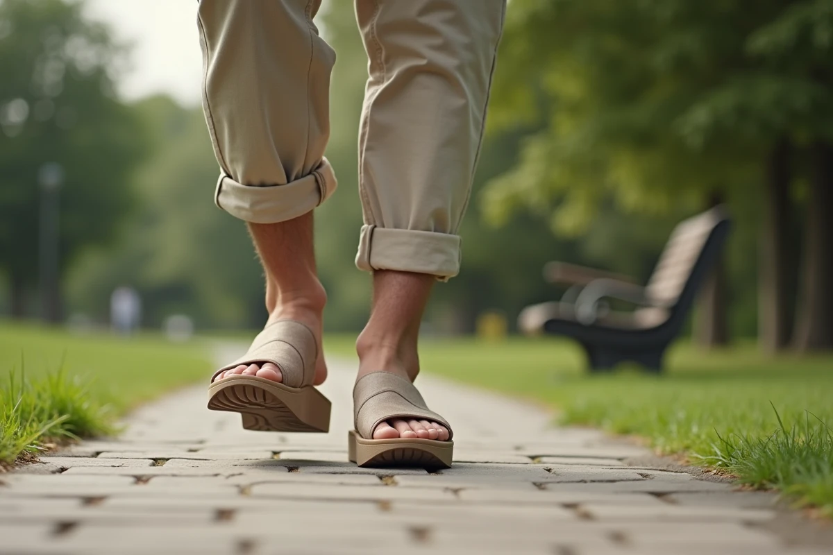 Homme marche dans un parc avec des sandales ergonomiques
