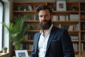 Homme avec barbe dans un bureau moderne et élégant