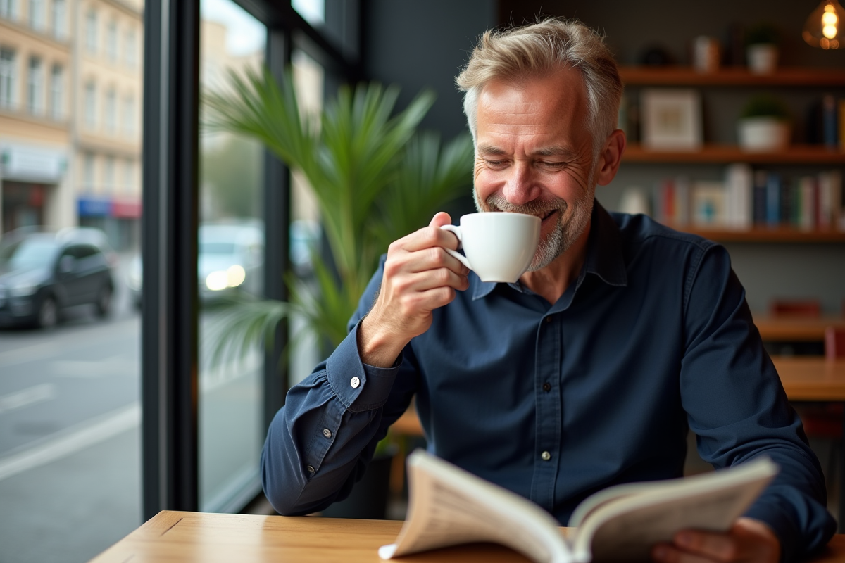 Homme lisant un magazine dans un café moderne