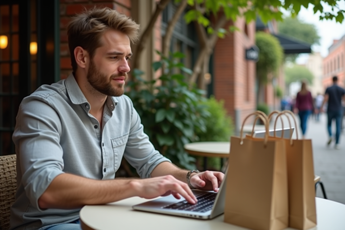 Homme au café regardant des images de produits en ligne