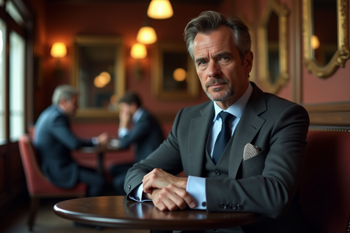 Homme en costume dans un café cosy avec décor vintage