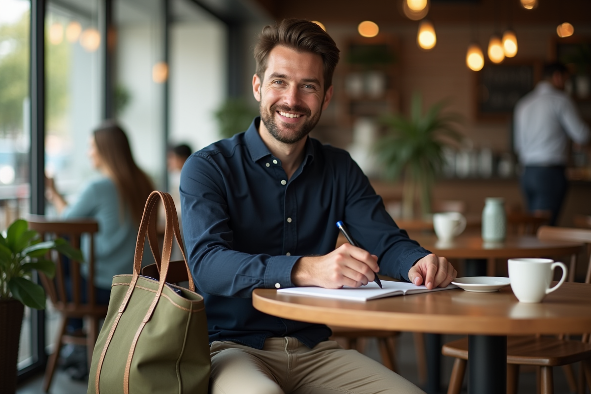 Homme au café avec sac en toile dans un intérieur chaleureux
