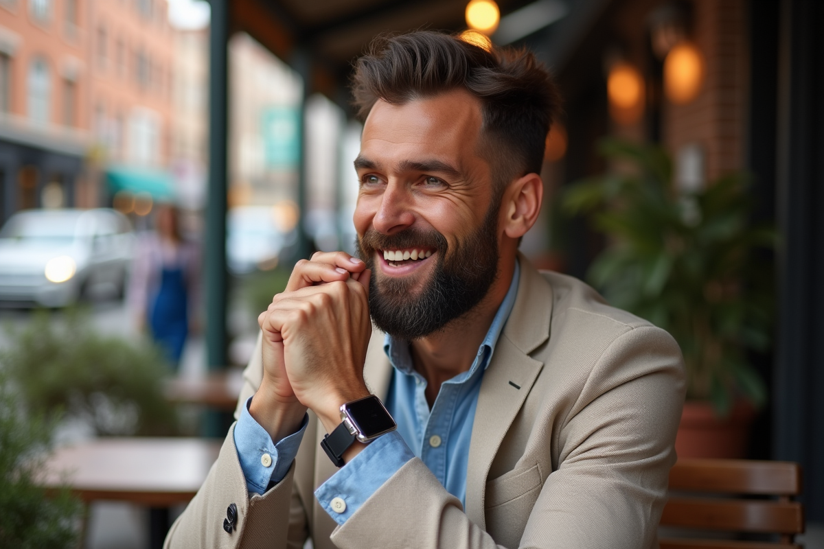 Homme élégant avec barbe en ville pour l'article sur la barbe