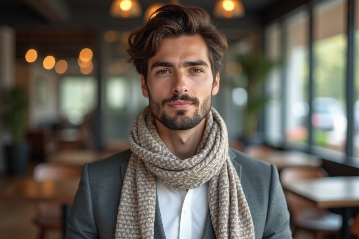 Jeune homme portant un foulard dans un café moderne