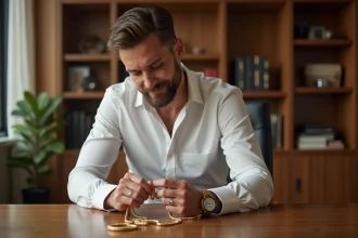 Homme élégant examinant une chaîne en or 18 carats