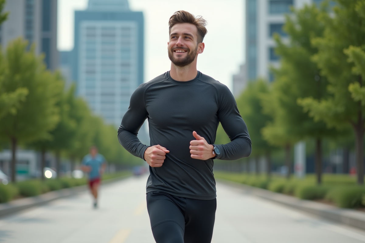 Jeune homme sportif courant en ville avec vêtement connecté