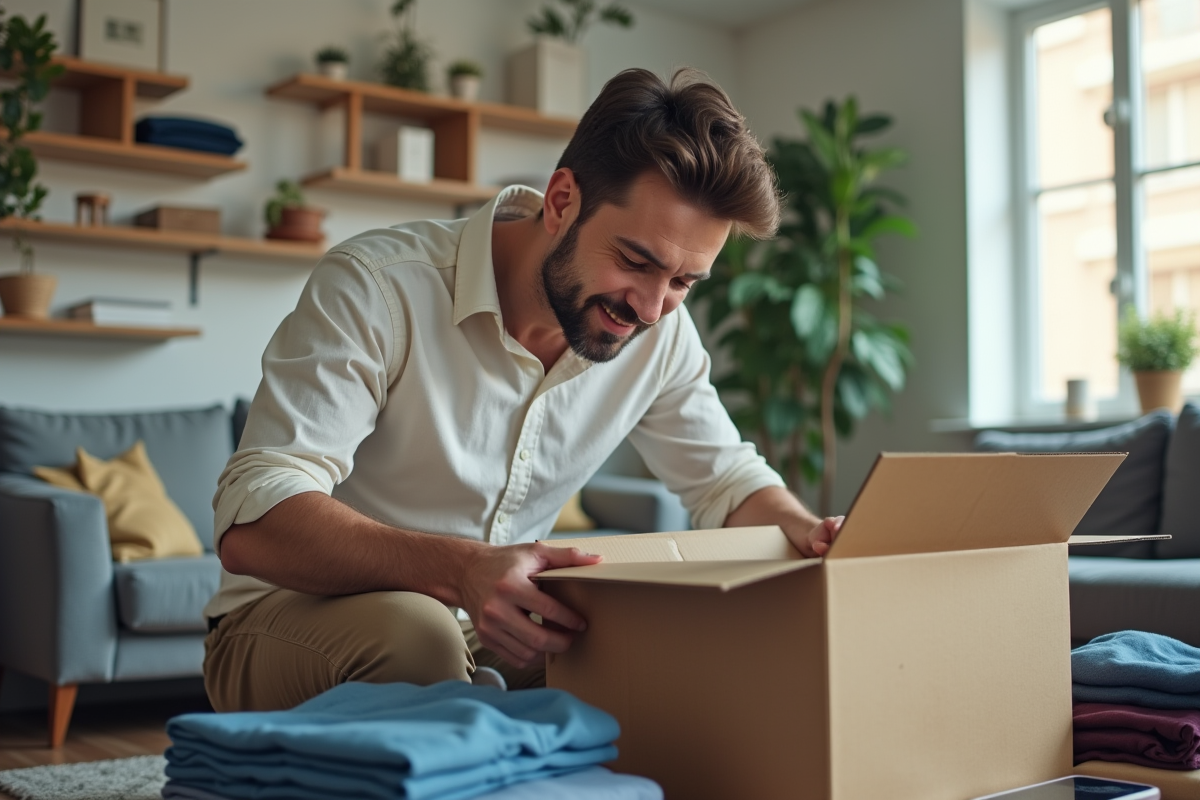 Jeune homme emballant des vêtements d