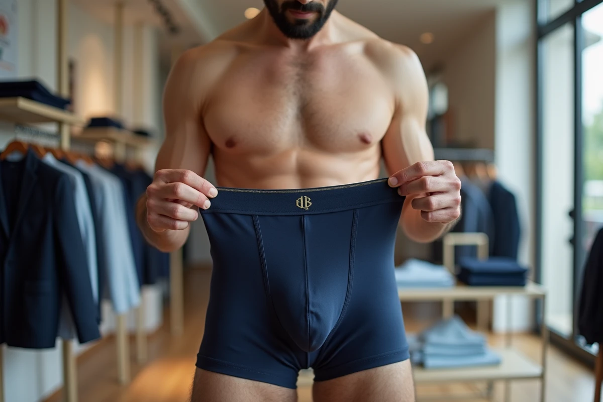 Homme inspectant un boxer personnalisé avec monogramme dans une boutique moderne avant de valider sa commande