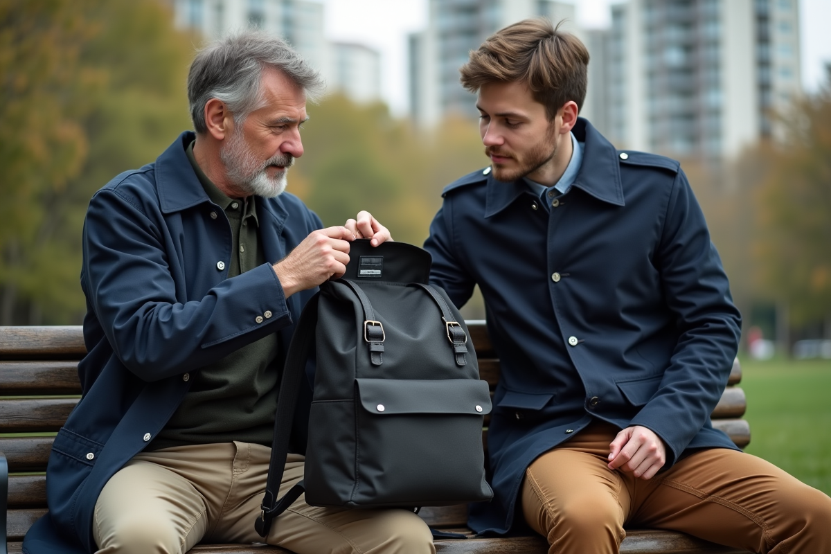 Homme montrant l étiquette d un sac à dos en extérieur dans un parc urbain