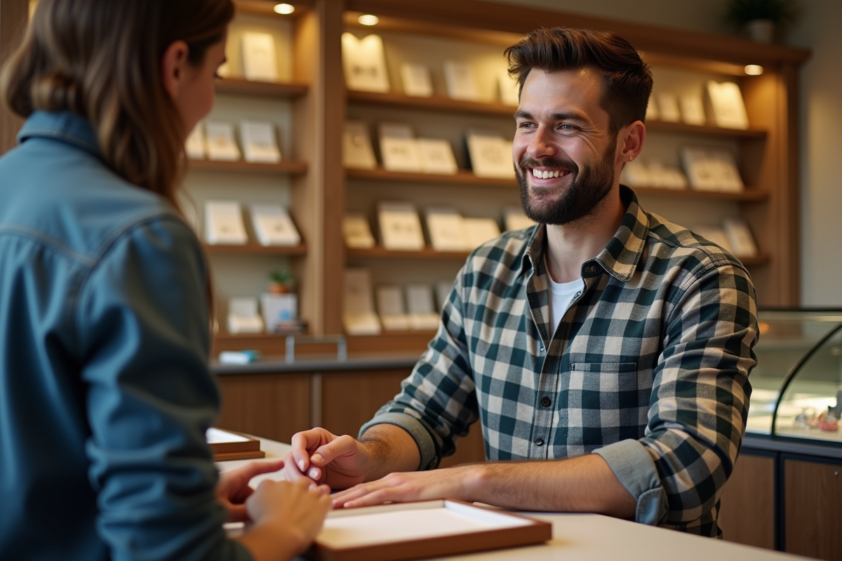 Jeune homme mesurant son doigt chez un bijoutier