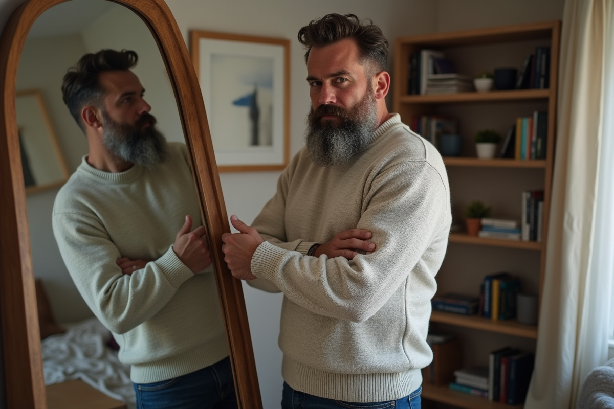 Homme regardant sa barbe dans un miroir intérieur