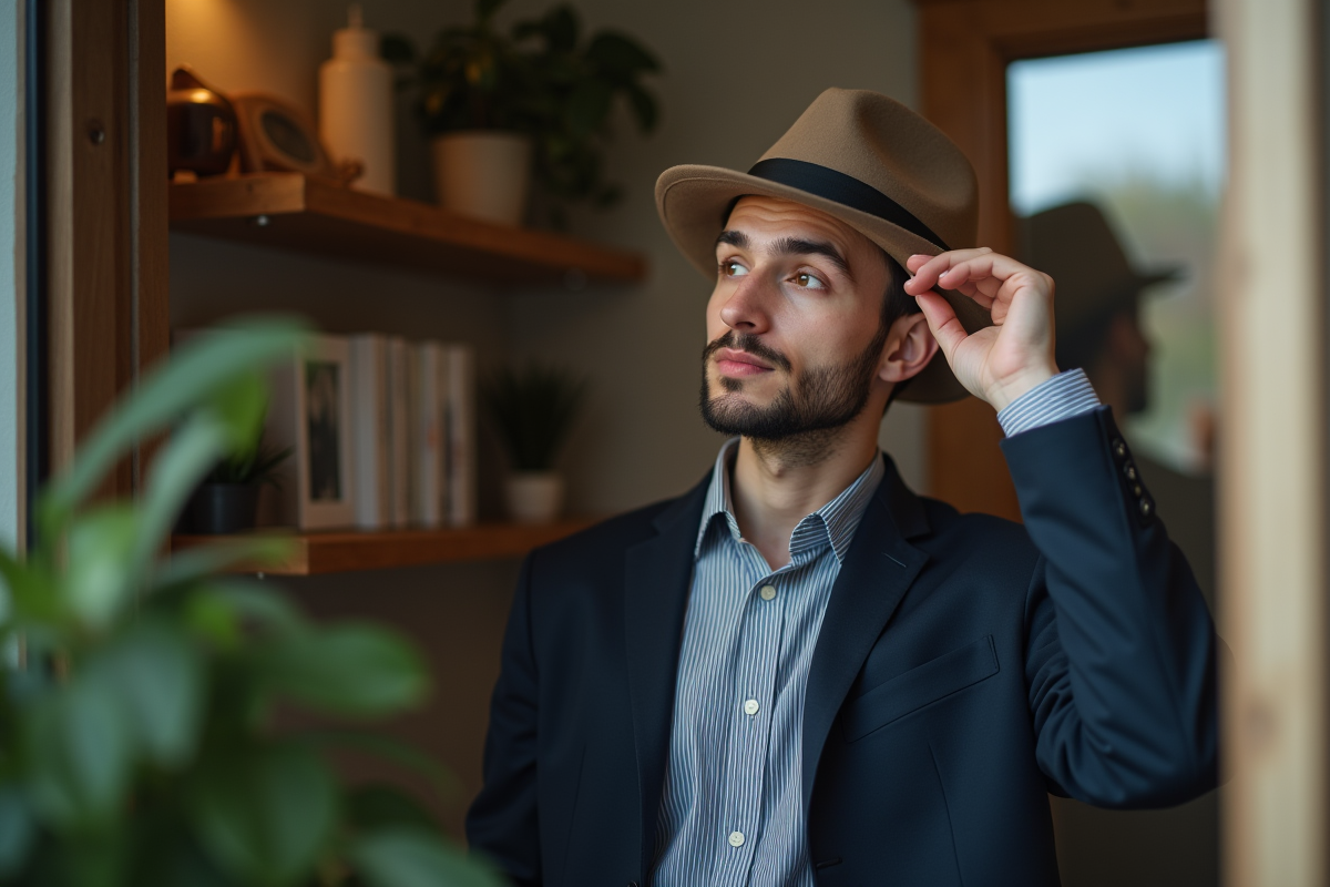 Jeune homme ajustant son fedora dans un intérieur chaleureux
