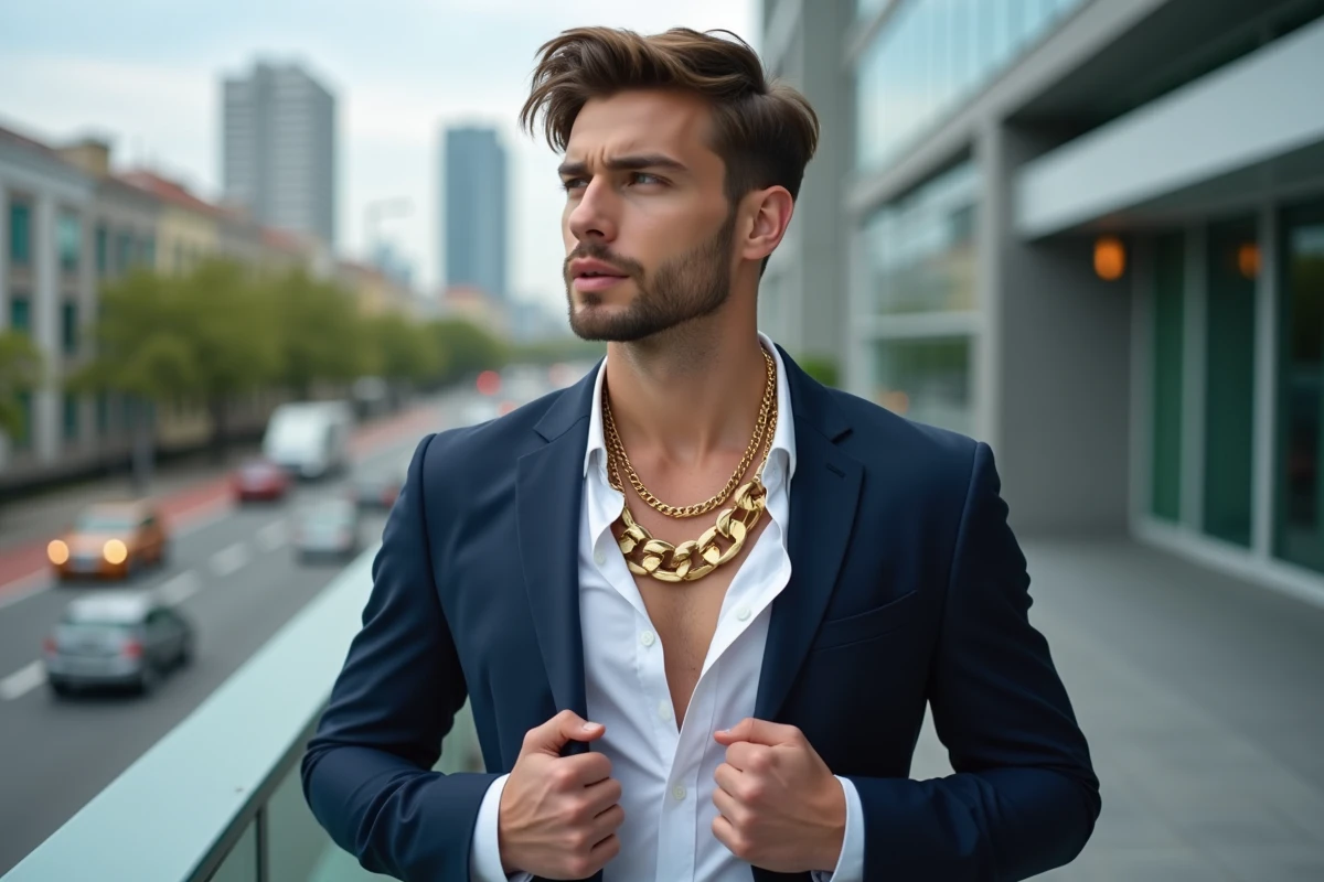 Homme en costume portant collier en or dans un cadre urbain