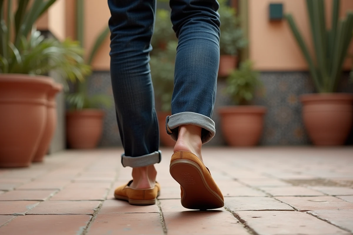 Jeune homme marchant avec des babouches dans un patio marocain