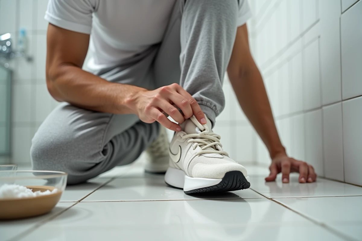 Homme nettoyant la semelle de sa Nike TN Lisboa avec une brosse à dents et de l'eau savonneuse dans une salle de bain