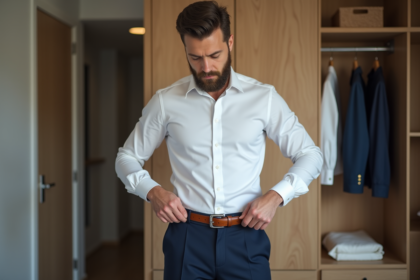 Homme en chemise blanche et pantalon bleu ajuste sa ceinture dans une chambre moderne