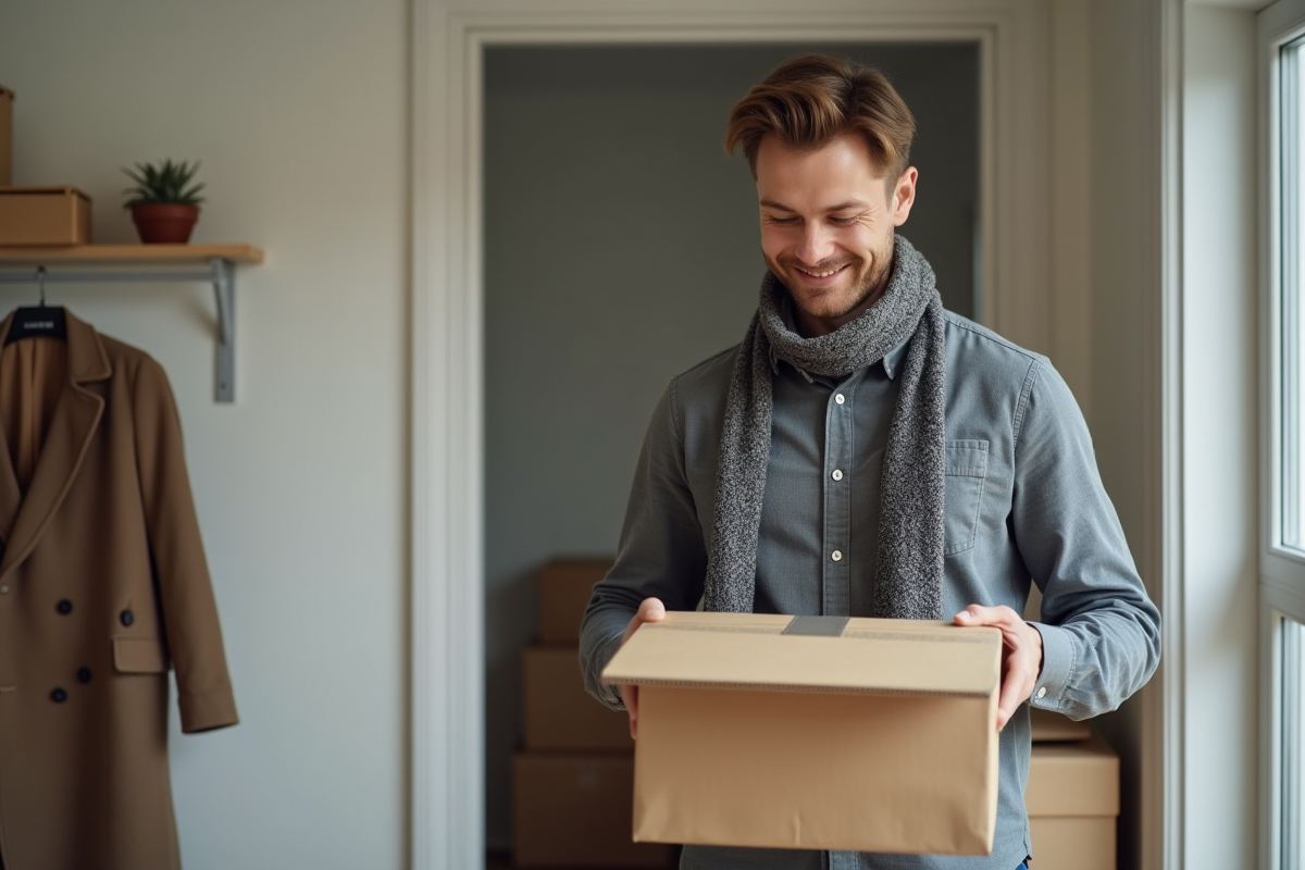 Homme souriant recevant un colis de vêtements d