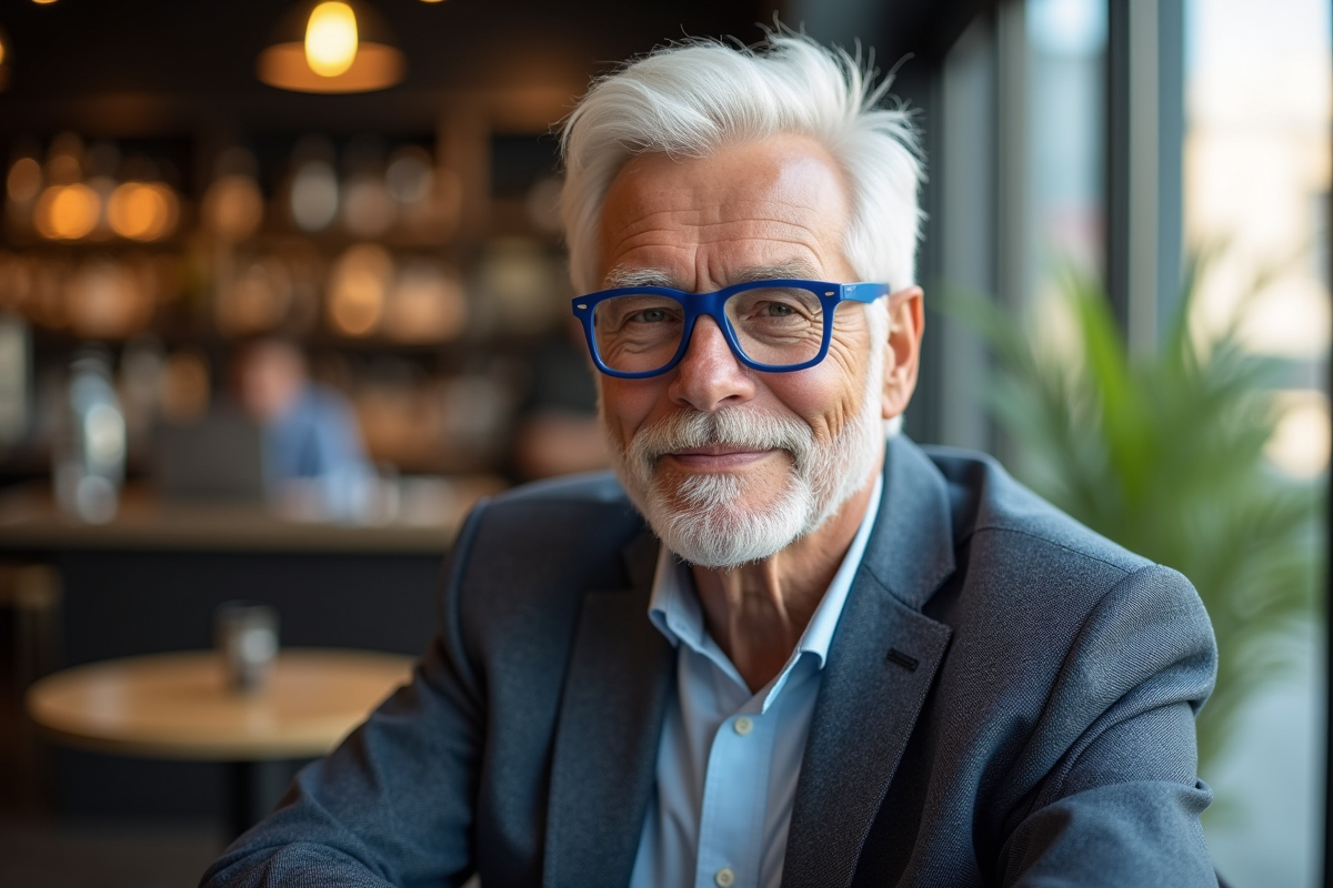Homme senior avec lunettes bleues dans un café lumineux