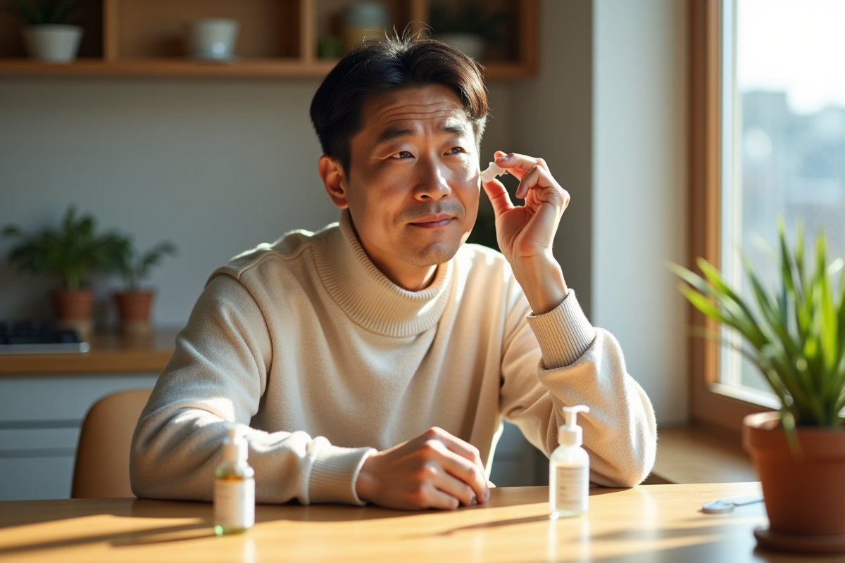 Homme koreen appliquant serum visage dans cuisine lumineuse