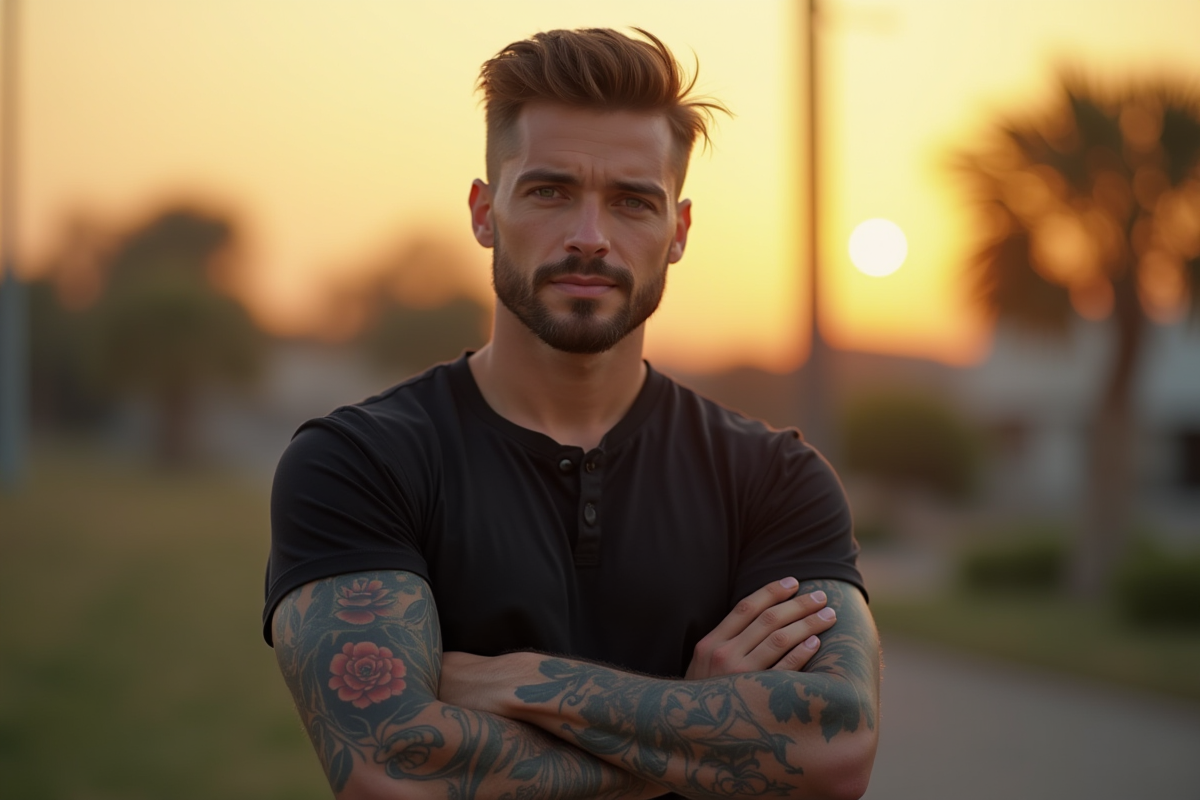 Homme confiant avec bras tatoué en extérieur au coucher du soleil