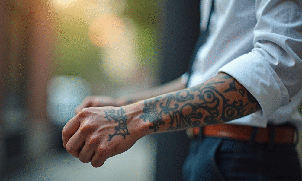 Homme élégant avec tatouages visibles en levant sa manche
